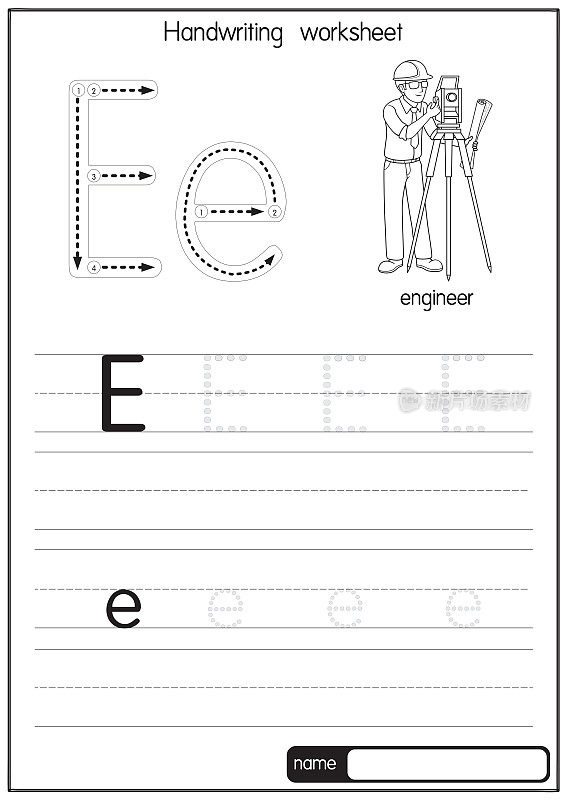 黑白矢量插图的工程师与字母E大写字母或大写字母为儿童学习实践ABC