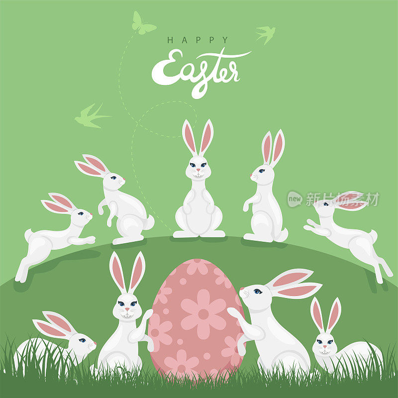 复活节海报。复活节彩蛋和小兔子。
