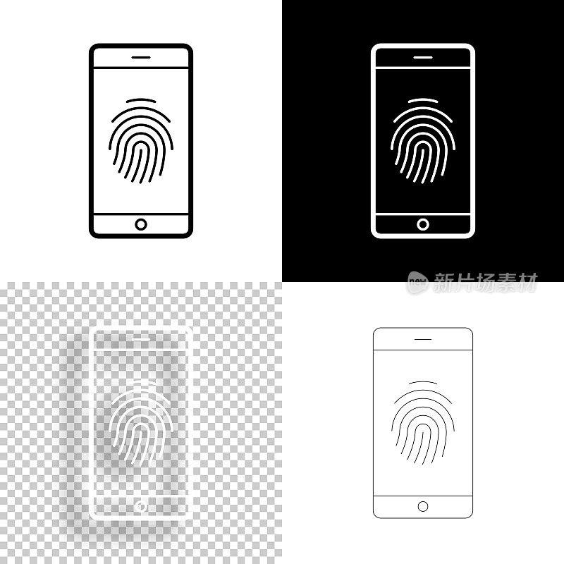 智能手机与指纹。图标设计。空白，白色和黑色背景-线图标