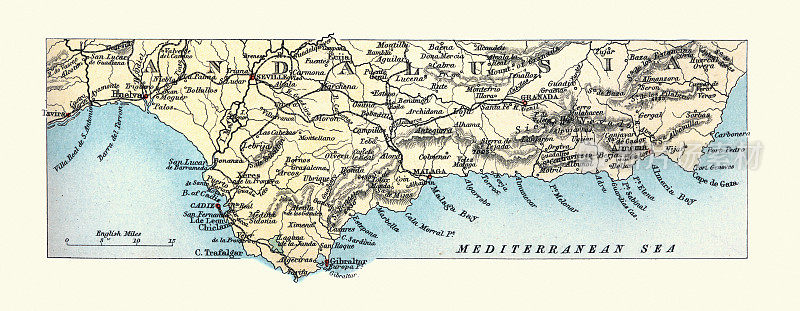 19世纪90年代，维多利亚时代，西班牙安达卢西亚南部海岸的古董地图