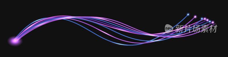 光纤网络技术;霓虹紫色发光波浪漩涡，雷电，脉冲电缆线路。孤立在黑暗背景。矢量图