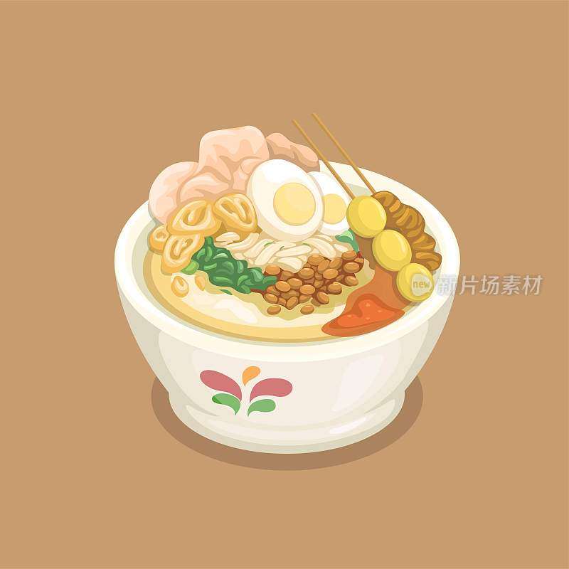 又名鸡肉粥，来自印度尼西亚街头食品卡通插图向量