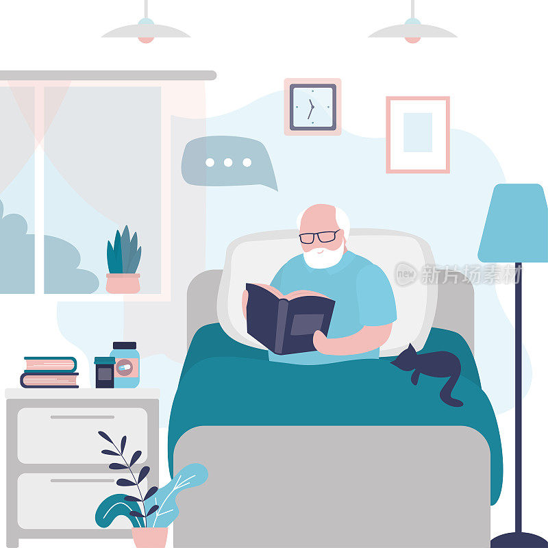 爷爷在舒适的床上看书。早上看杂志的老人。老人和猫坐在家里的床上，享受着自己的爱好。卧室内部配有家具。