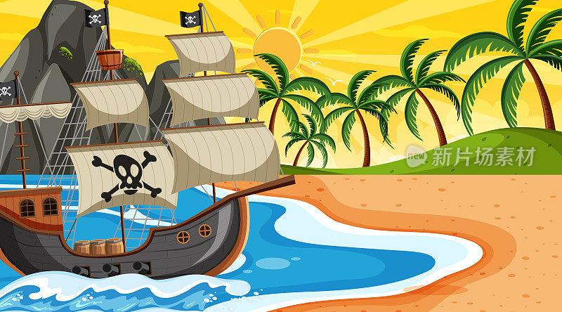 海洋与海盗船在日落时的卡通场景