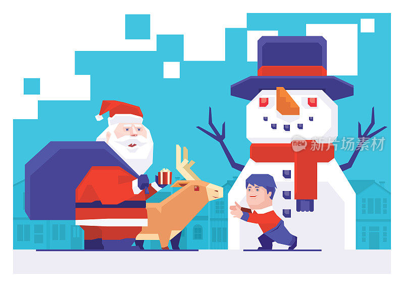 圣诞老人带着雪人去见小男孩