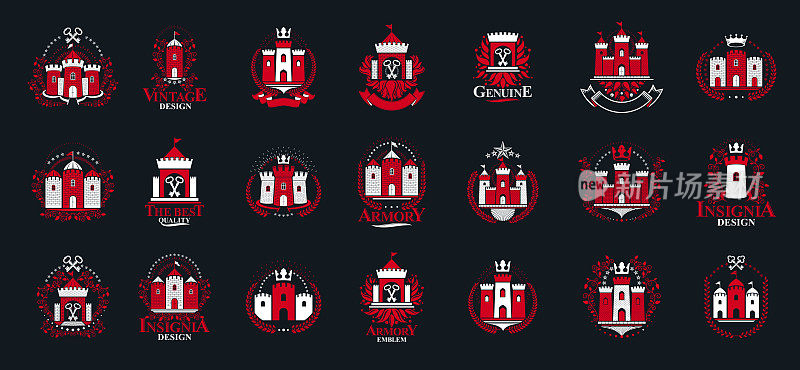 堡垒标志矢量标志大集合，城堡纹章设计元素集合，经典风格纹章建筑符号，古色古香的堡垒和城堡。