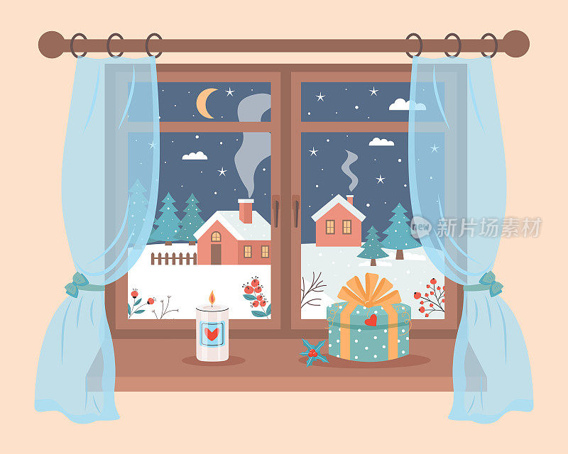 窗户，冬夜景，礼品盒，蜡烛和冬青在窗台上。冬天的心情，放松，舒适的家居概念。