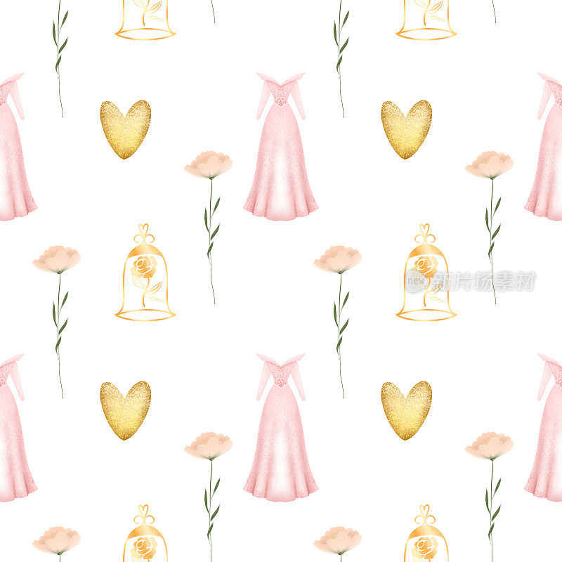 无缝图案的童话公主元素(公主裙，金色的心和玫瑰)，插图在白色的背景
