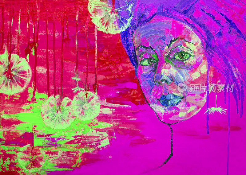 插画油画肖像的年轻女子与长发背景蒲公英在紫色色调