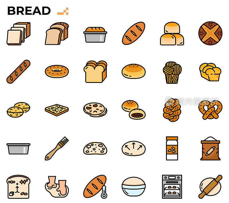 面包和烘焙图标集。