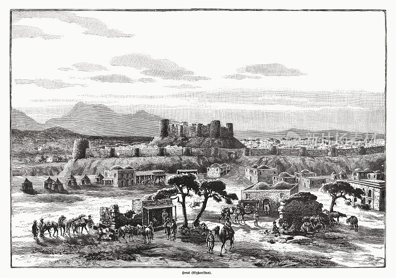 阿富汗赫拉特的历史观，木版画，1885年出版