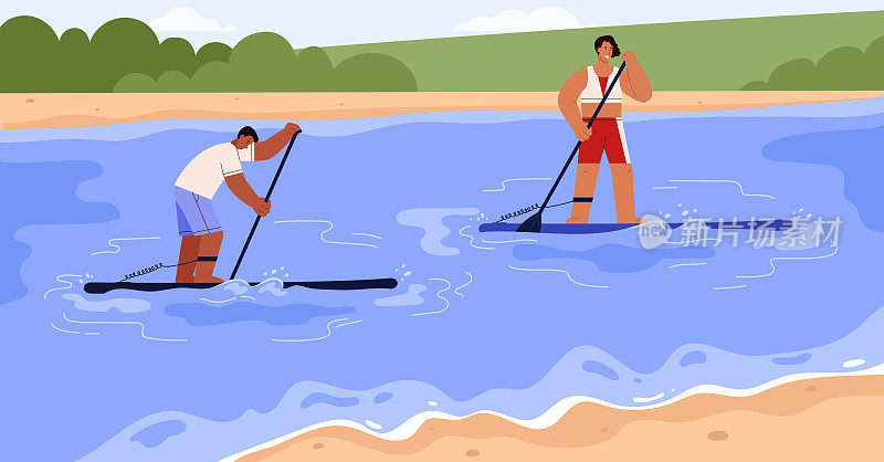两人划桨上站立桨板平矢量插图。