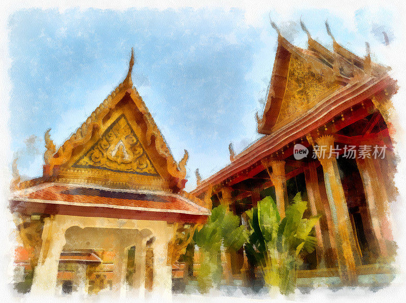 风景大皇宫泰国古建筑曼谷泰国水彩风格插图印象派绘画。