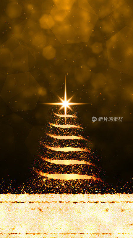 创意闪闪发光的金属金色青铜和棕色垂直节日圣诞背景，闪亮的金属条纹华丽的棕色圣诞树的抽象设计，一颗闪烁的星星在它的顶部和神奇的效果复制空间在底部