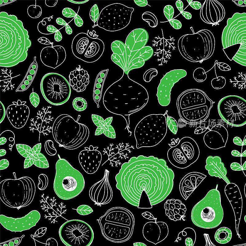 果蔬无缝图案。手绘矢量插图。极简主义的设计。北欧风格的背景。健康的有机食品。