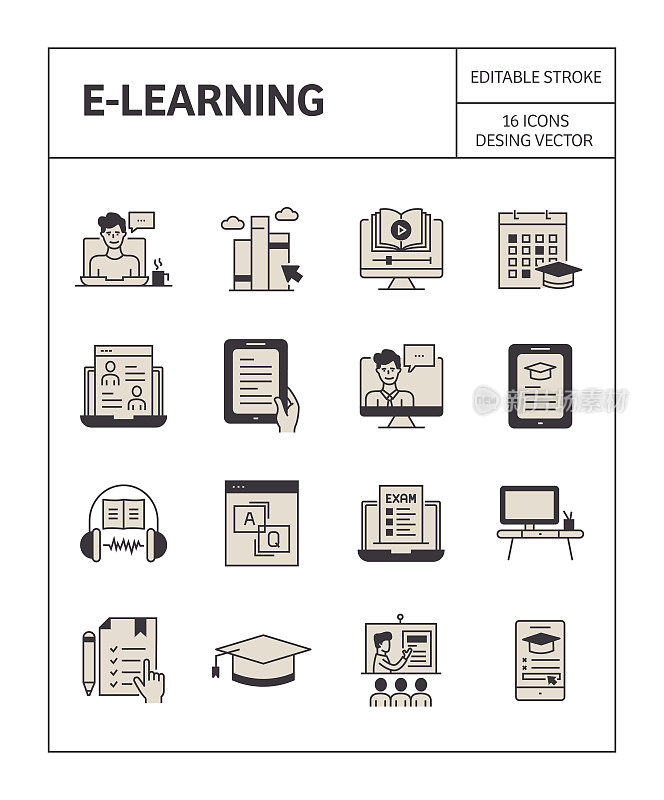 E-Learning图标集外观简单，设计丰富多彩。