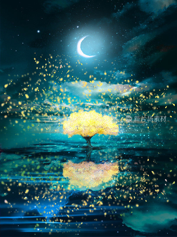 一棵黄色的含羞草树从海上升起，背景是含羞草雪花在夜空中飞舞