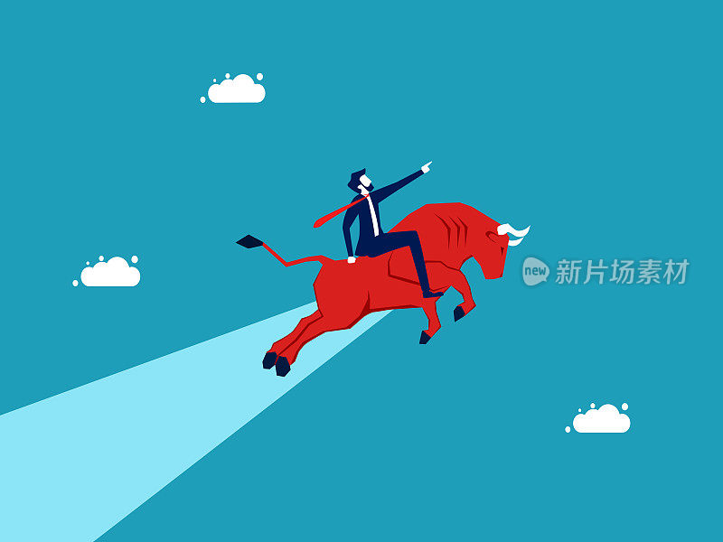商人骑着红牛在天空中翱翔。股票在牛市中上涨。投资概念矢量图