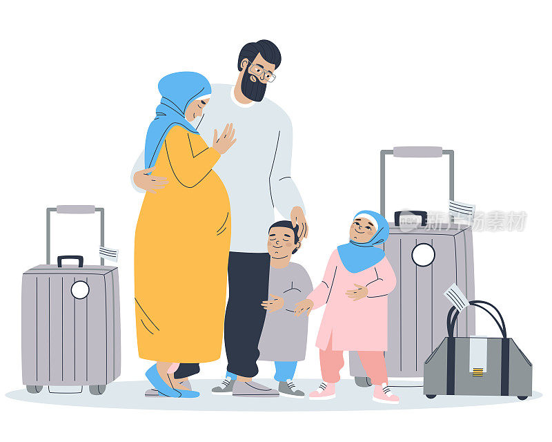 穆斯林大家庭，带着孩子和行李箱。有家人的孕妇。一家人提着行李箱站在那里。家庭度假。