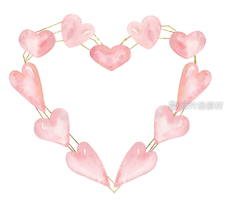 心形剪纸，水彩粉彩心形框架插画，粉色精致珊瑚心，爱的装饰，情人节，婴儿淋浴图形，婚礼邀请