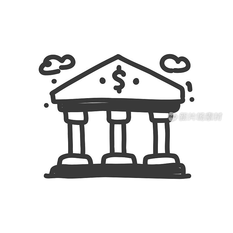 银行建筑线图标，草图和涂鸦设计，像素完美，可编辑的笔画。银行