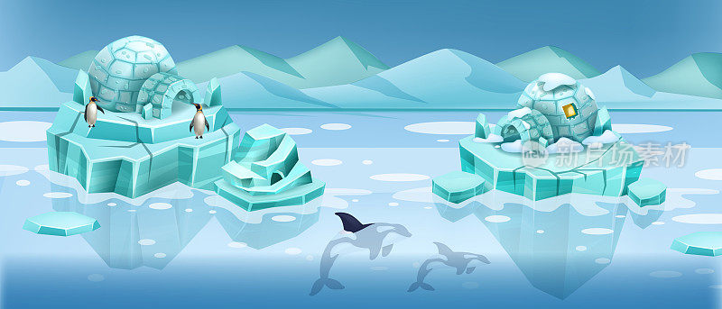 北方冰冻景观，矢量冰屋全球变暖旗帜，冰岛，企鹅，虎鲸。