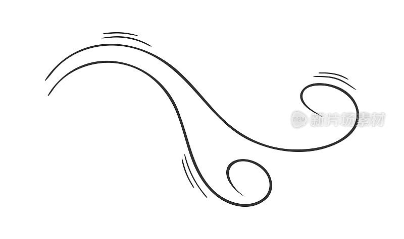 弯曲的漩涡图标在涂鸦风格。手拉气流或风吹效果。阵风，烟雾，灰尘标志隔离在白色背景