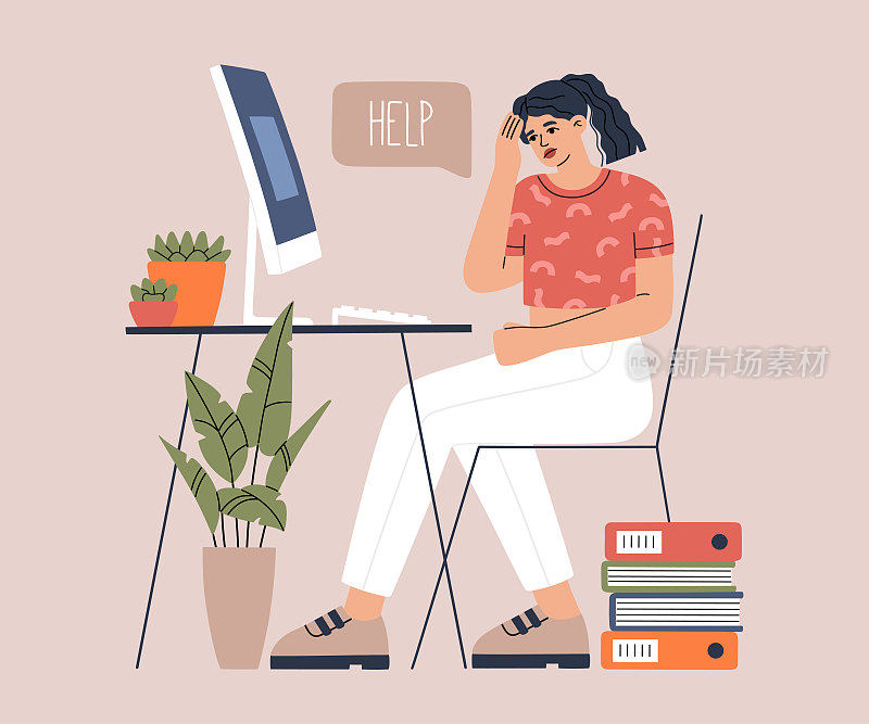 疲惫的女人坐在桌前用电脑，女孩过度劳累，请求帮助