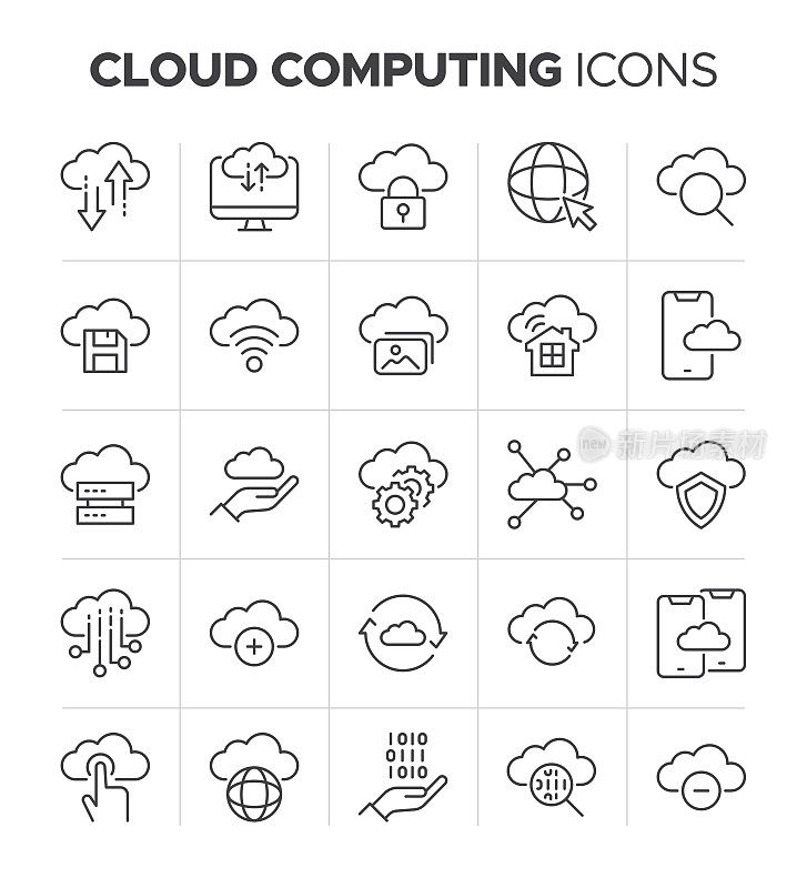 云计算线图标集-主机，文件存储，云数据和Web服务器符号