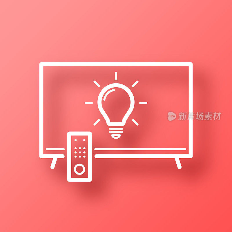 带灯泡的电视。图标在红色背景与阴影