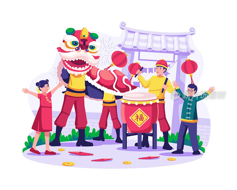 孩子们在庙门附近和舞狮表演者一起庆祝中国农历新年，他们挂着灯笼。平面风格的矢量插图