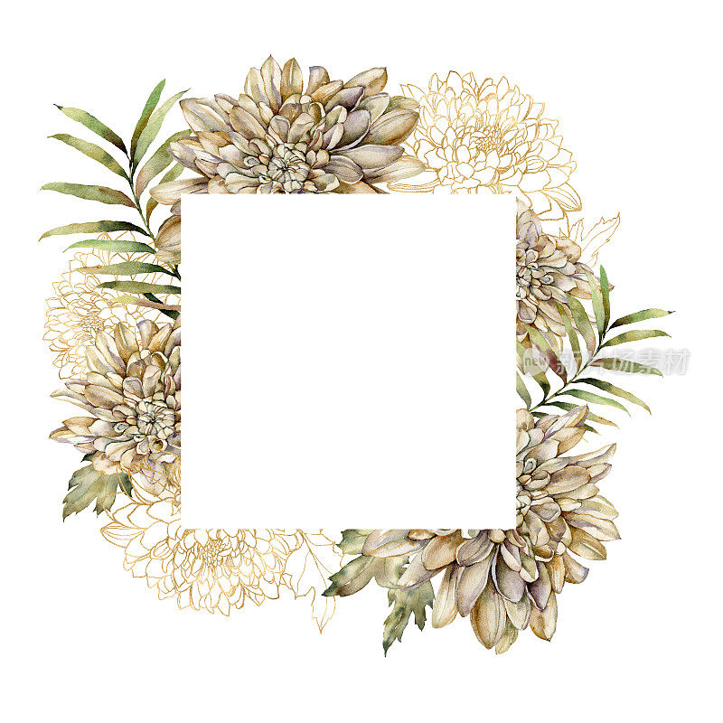 金色大丽花和线性叶子的水彩秋天框架。手绘花朵孤立在白色背景上。花卉插图的设计，印刷，织物或背景。
