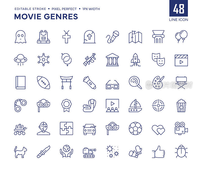 电影类型线图标集包含戏剧,恐怖,科幻,喜剧,浪漫,动作,冒险,惊悚等图标。