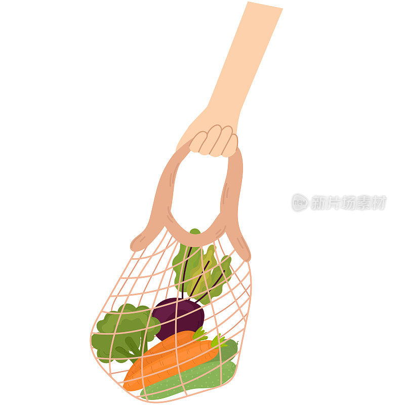 手拿蔬菜串袋。可爱的手绘生态包装，零浪费理念。