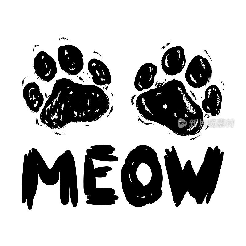 矢量黑字喵喵可爱的猫爪印。素描小猫喵标语海报
