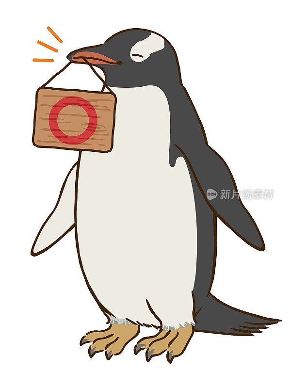巴布亚企鹅拿着一块嘴里有圆圈标记的板