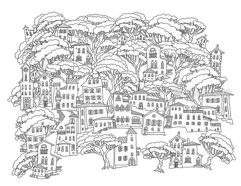 奇幻风景与童话般的地中海小镇在一座小山上，松树林。涂色书页