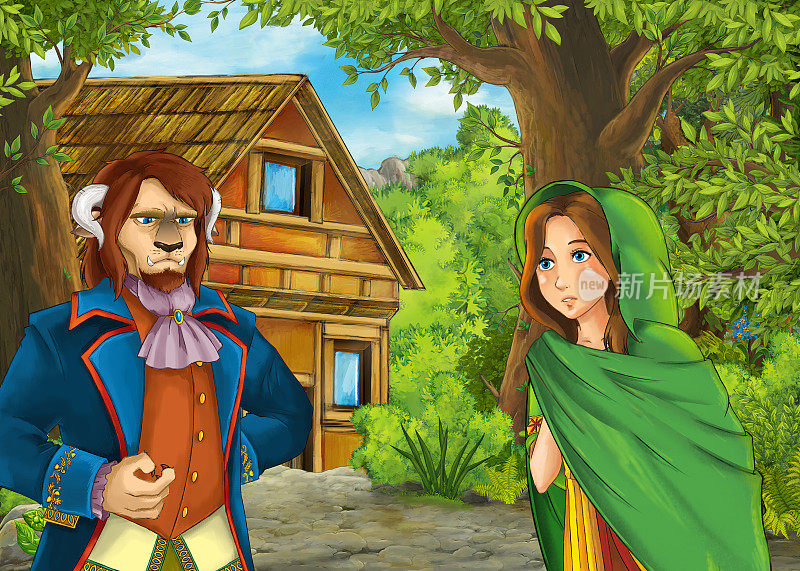 卡通夏天的场景与路径到农场村庄与王子和王子和公主