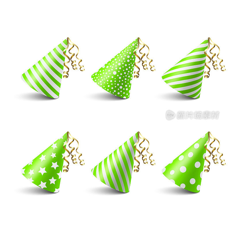 矢量3d现实的绿色和白色生日派对帽子图标集隔离在白色背景。党帽设计模板党旗帜，贺卡。节日帽子，锥形，前视图