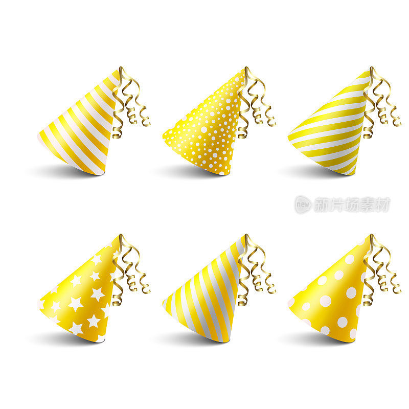 矢量3d现实的黄色和白色生日派对帽子图标集隔离在白色背景。党帽设计模板党旗帜，贺卡。节日帽子，锥形，前视图