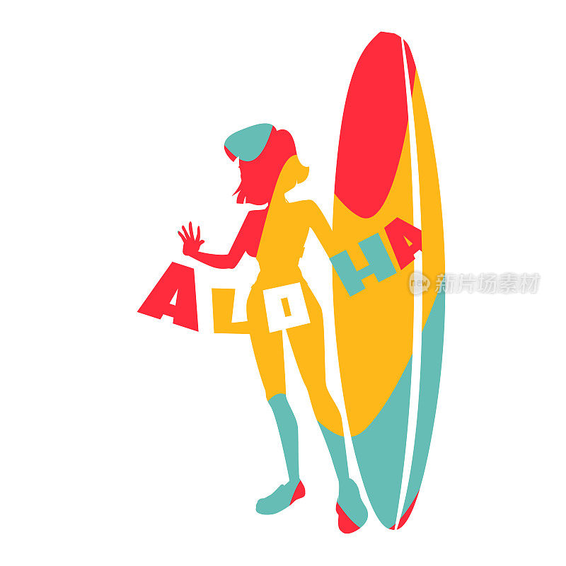 抽象风格的夏威夷阿罗哈。年轻的女孩与冲浪板上的欢迎文字孤立的白色背景。