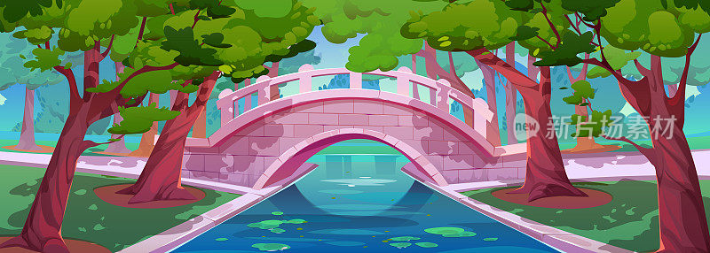 夏季公园景观，桥在池塘上