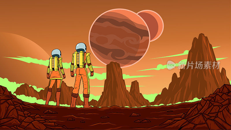 矢量科幻宇航员团队探索一个新的红色星球股票插图