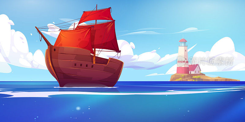 海上景观，岛上和船上的灯塔