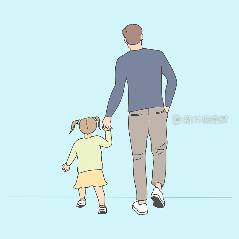父亲牵着孩子散步。爸爸和女儿。父亲节主题。矢量艺术