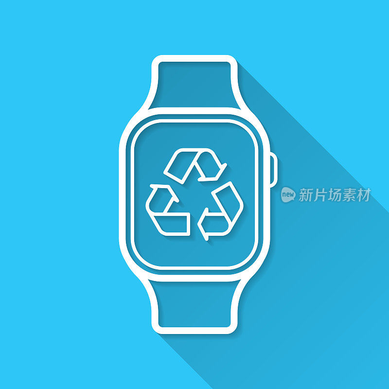 有回收标志的智能手表。图标在蓝色背景-平面设计与长阴影