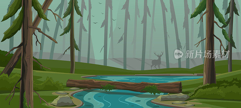 森林景观与河流。暮色中峡谷里的针叶林，倒下的枯树甩过河床。野生动物全景，鹿的剪影。常绿乔木。矢量卡通插图。