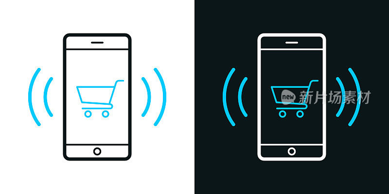 用智能手机网购。黑色或白色背景上的双色线条图标-可编辑笔触