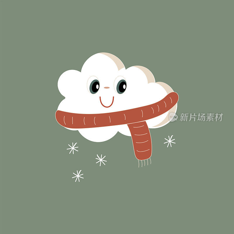 冬天围巾里可爱的云字。矢量手绘插图与飘落的雪花快乐的云。下雪天气的卡通标志