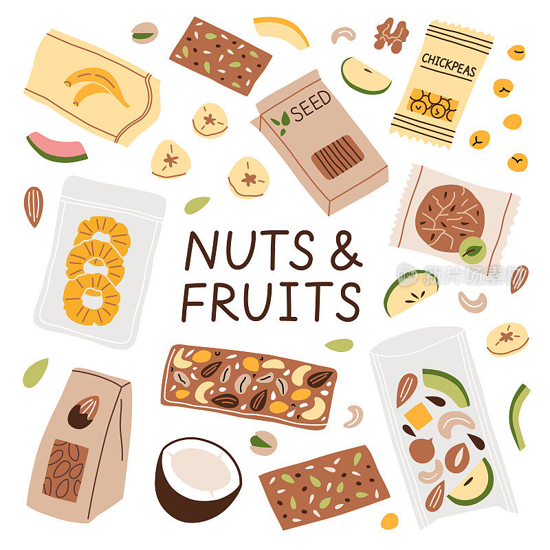 坚果和干果手绘集，健康素食零食的图标，干香蕉，菠萝的矢量插图